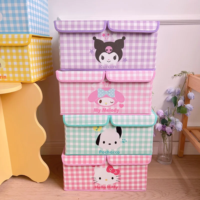 Cartoon Sanrio Leather Storage Box Student Dormitory Double Lid Divided Sorting Box Wardrobe Foldable Storage Box Gift