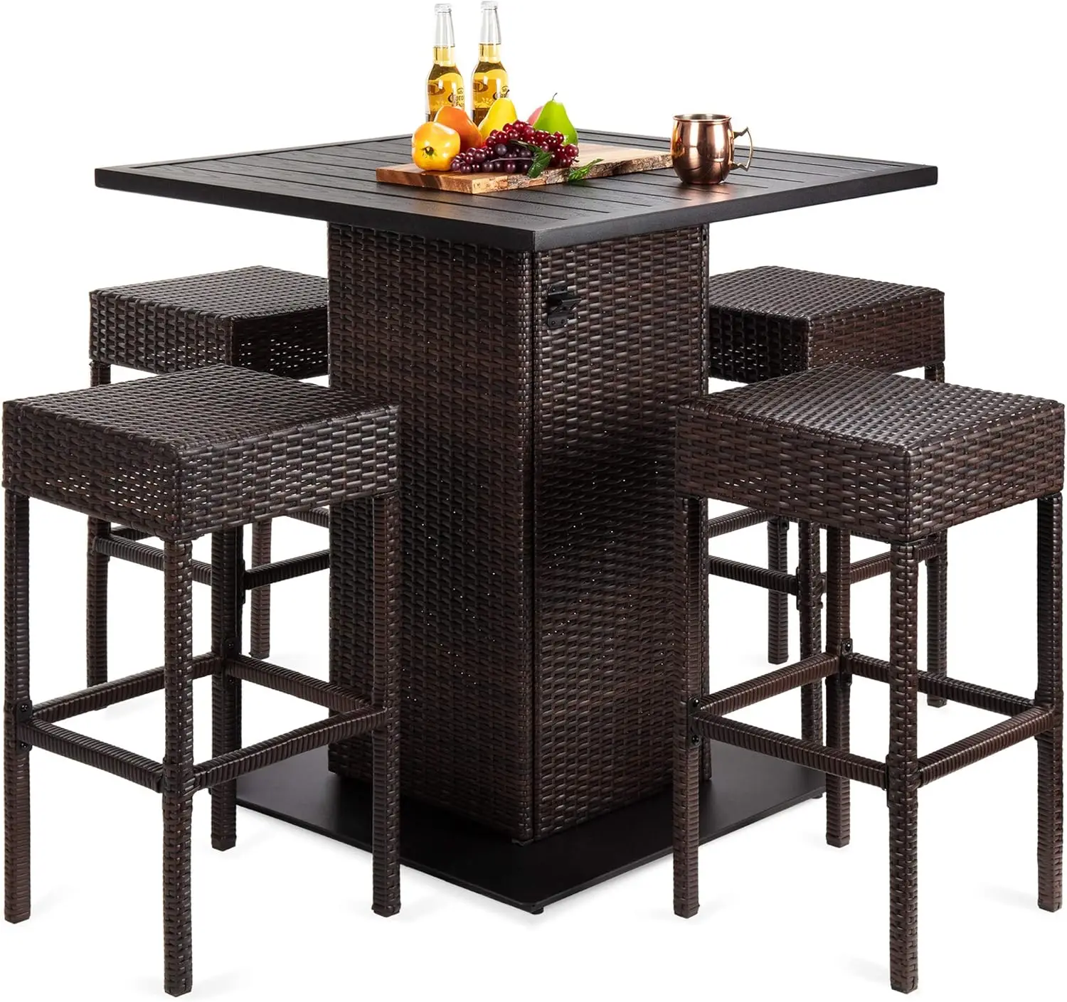 

5-Piece Outdoor Wicker Bar Table Set for Patio, Poolside,Hidden Storage Shelf, Metal Tabletop, 4 Stools - Brown