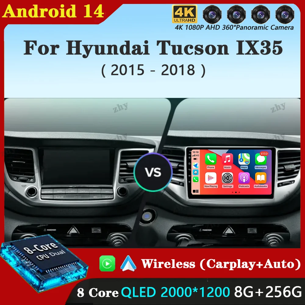 

Carplay Автомагнитола для Hyundai Tucson IX35 3 2015 2016 2017 2018 Android 14 мультимедийный видеоплеер навигация GPS головное устройство