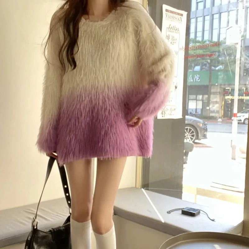 Gradient Soft Waxy Long Sweater Jacket Women Outer Wear Autumn Winter Imitation Mink Velvet Knitwear Loose Warm Pullover Sweater