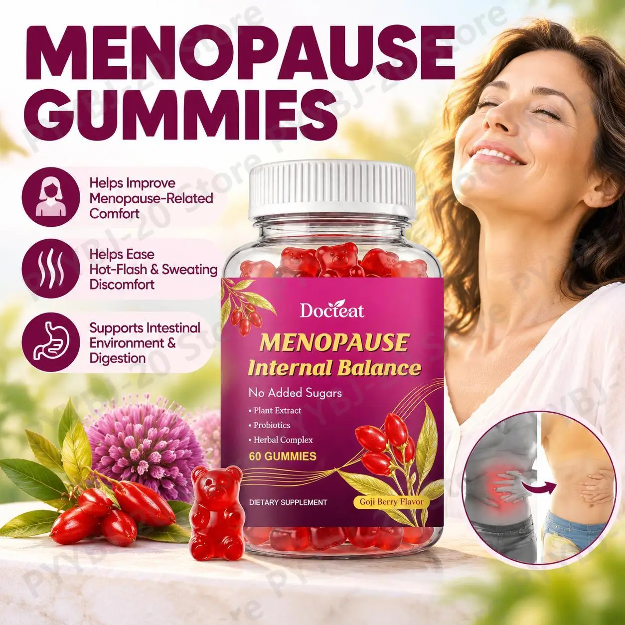Docteat Menopause Internal Balance Gummies - Hot-Flash Relief Sweating Comfort & Intestinal Health Probiotic Herbal Complex 60ct