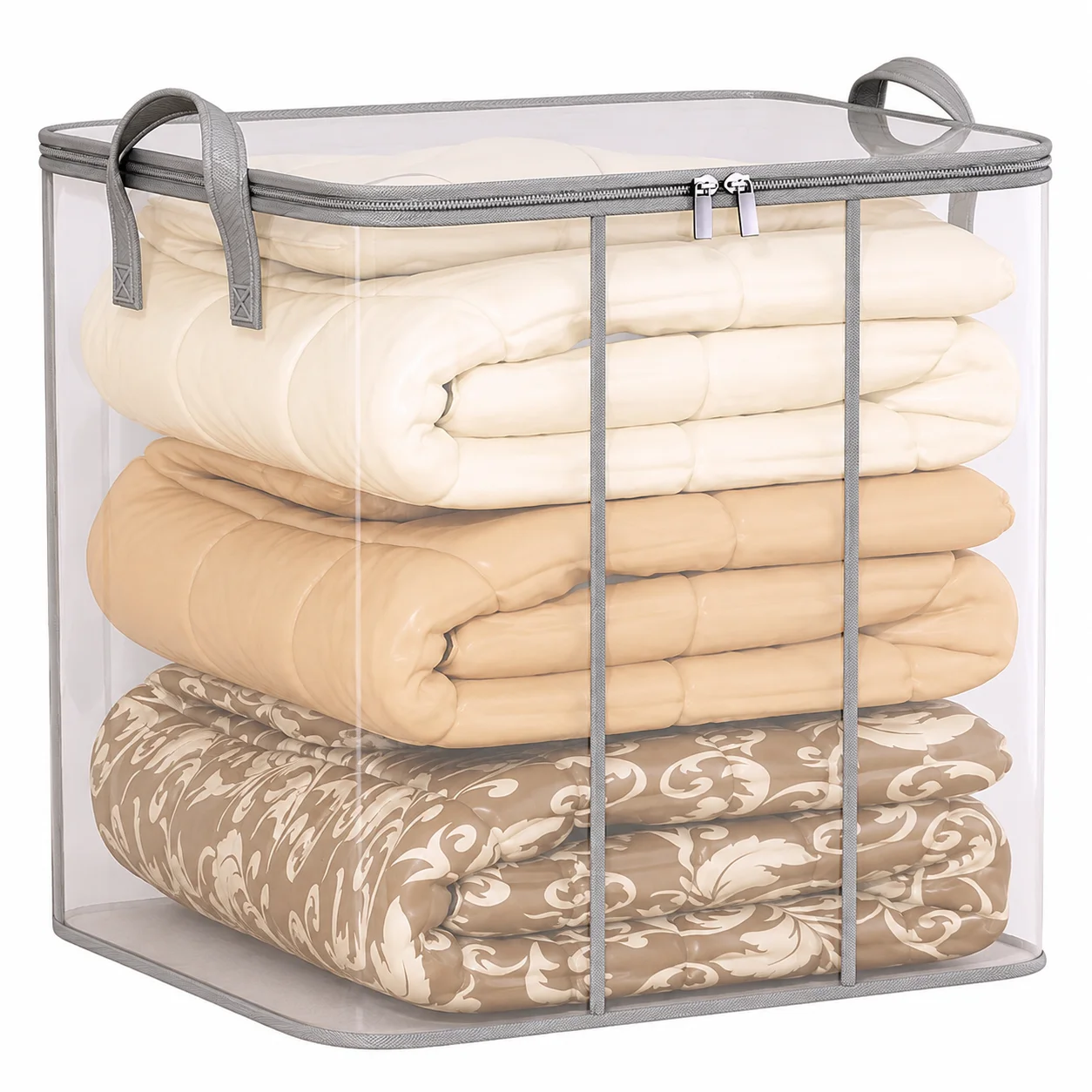 Große transparente Kleideraufbewahrungstasche aus dickem PVC, Organizer für Bettdecken und Decken mit Reißverschluss und Griffen, faltbar für Umzüge und Verpackung. – Detail 1