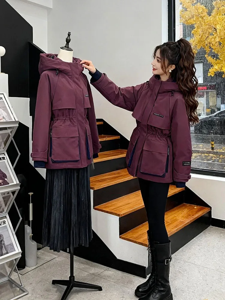 

Женская зимняя куртка средней длины из хлопка с капюшоном, утепленная, с регулируемой талией, модная, универсальная, для работы, новая модель