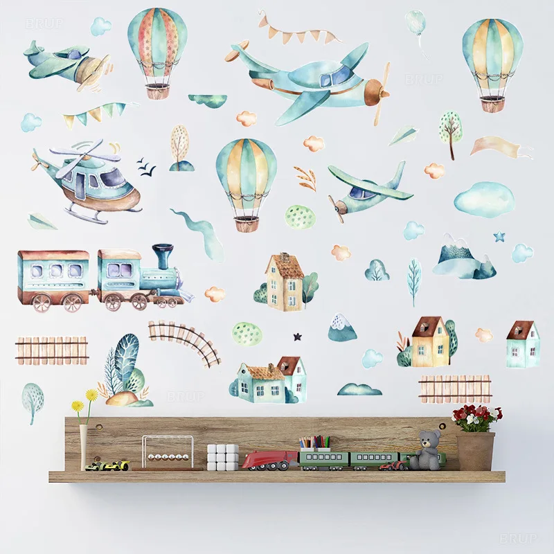 Kids Room Wall Decals Airplane Hot Air Balloon Train Wall Stickers for Boy\'s Room Bedroom Decals Baby Nursery Room Decor Stciker