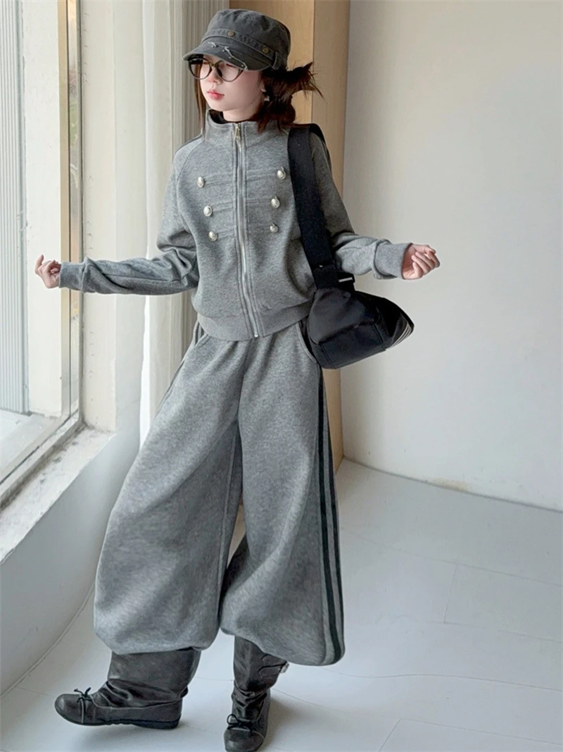 Spring Autumn Teen Girls Clothes Set Casual Children Long Sleeve Tracksuit Stylish Kids Standing Collar Jacket + Pants 2Pcs Suit