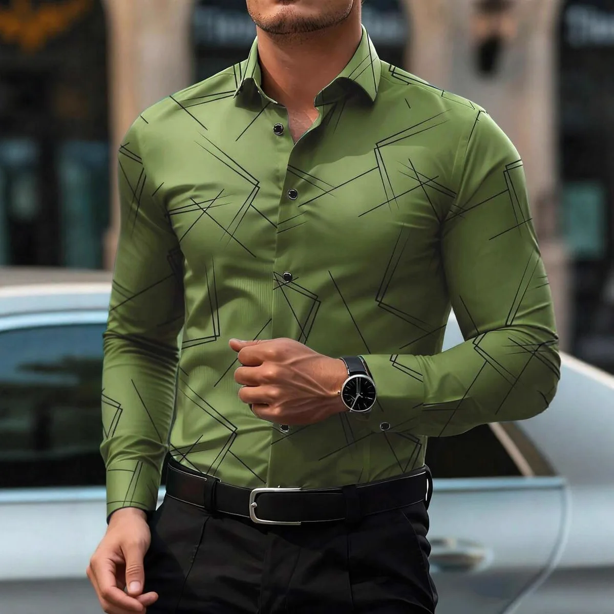 Men's Long Sleeve Shirt Spring And Autumn Line Pattern Business Casual Digital Printing Men's Shirt