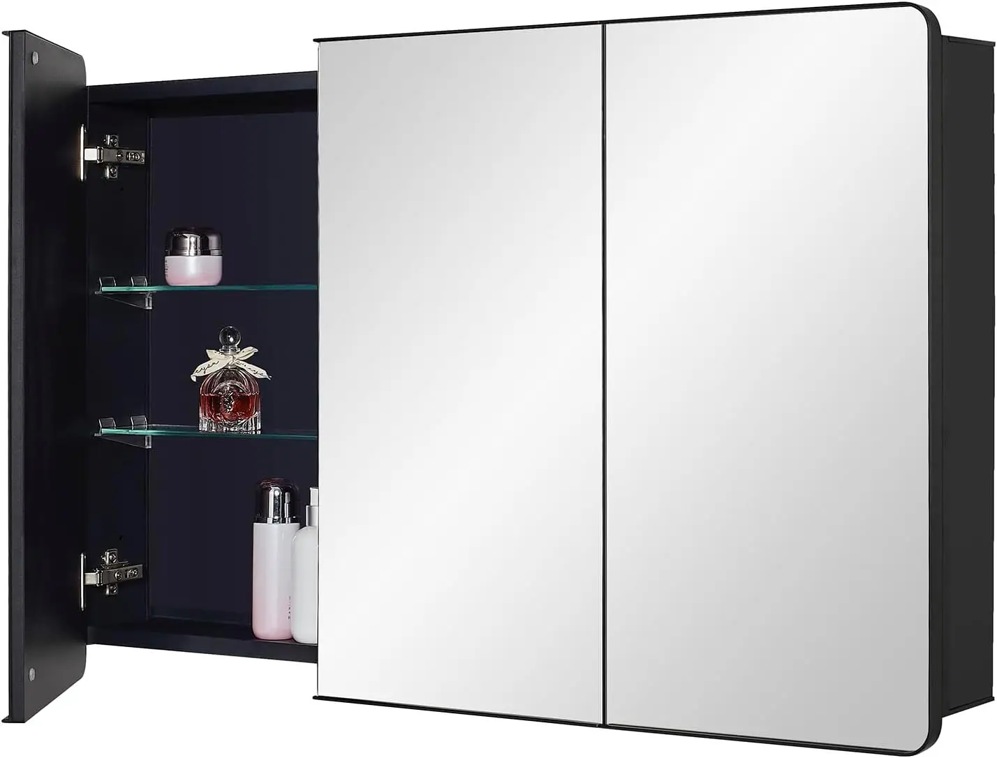 Black Bathroom Medicine Cabinet with Round Corner Framed Door, 40 x 25.5 inch, Recessed or Surface Mount