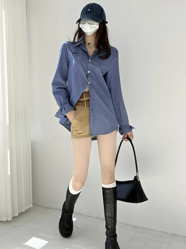 

Retro Blue Plaid Long Sve irt Casual Loose Women's lectual Sle Coat Small Size Lazy Faion Outerwear