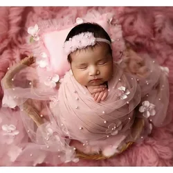 2pcs/set Newborn Photo Props Soft Chiffon Lace Floral Pearls Mesh Gauze Infant Photography Backdrop Accessories