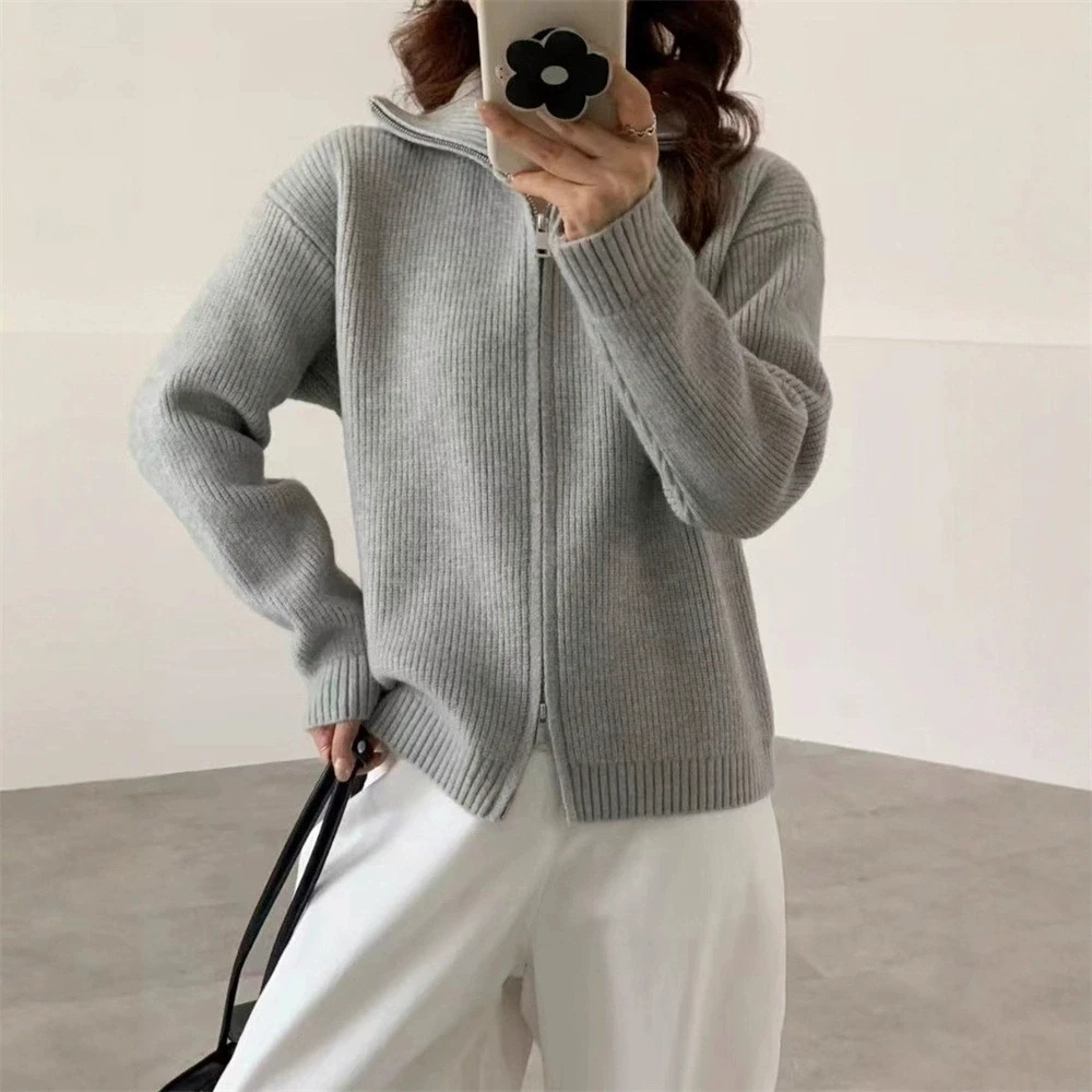 

2025 Korean lazy style double zipper knitted cardigan jacket for women's autumn and winter solid color loose sweater women's top