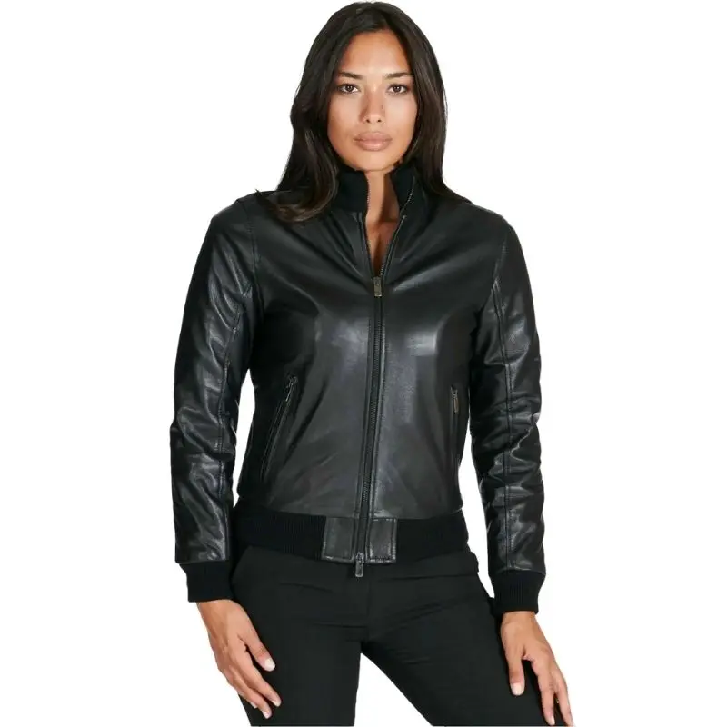 

Genuine Leather Women Authentic Lambskin Pure Leather Jacket Black Bomber Biker Coat