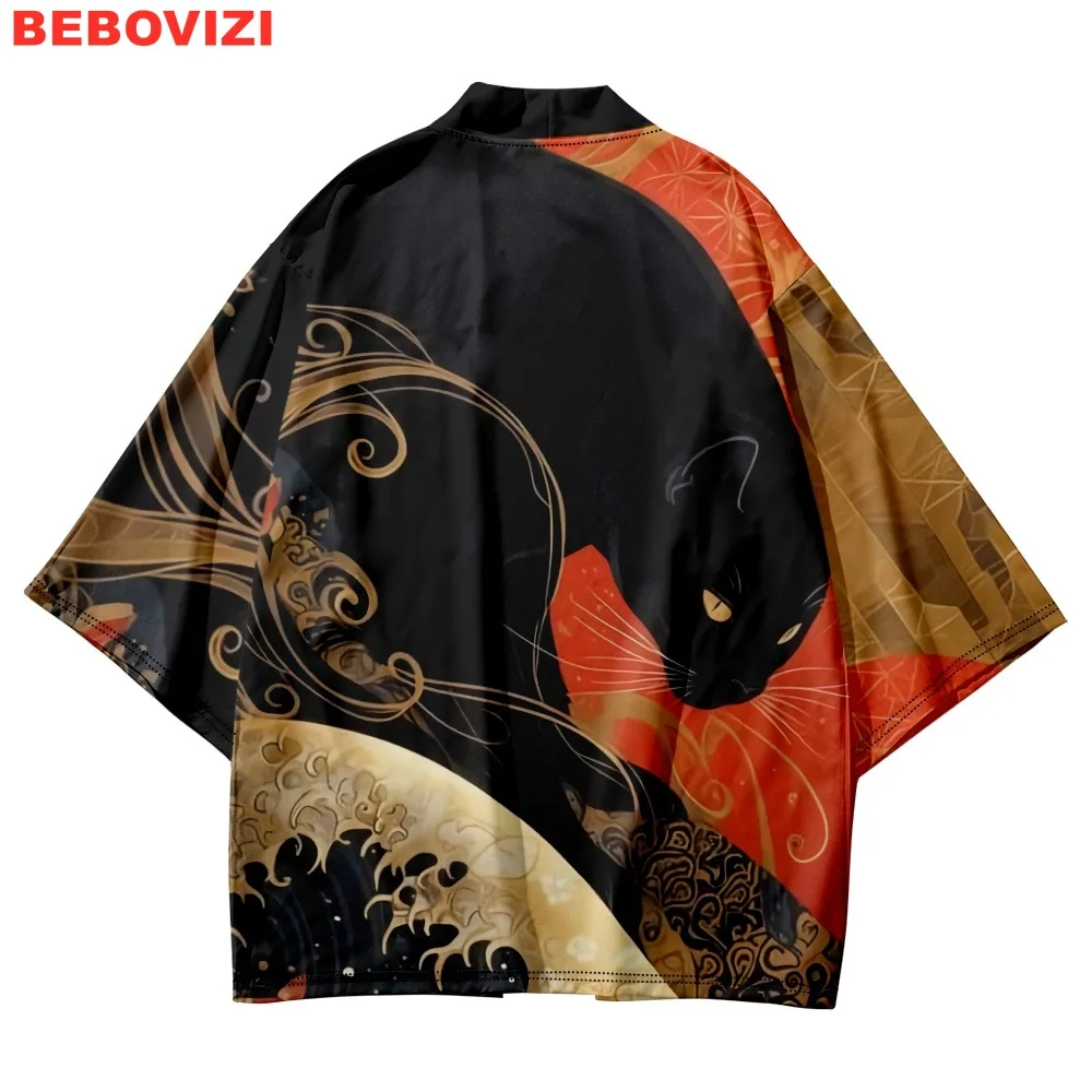 Ukiyo-e Style Black Cat Print Cardigan Haori Women Japanese Samurai Cosplay Kimono Streetwear Men Traditional Plus Size Yukata