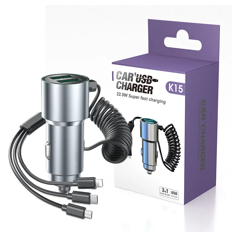 K15 شاحن سيارة جديد معدني USB شحن سريع مع كابل زنبركي تلسكوبي دعم واحد ثلاثة شاحن الهاتف المحمول بالجملة