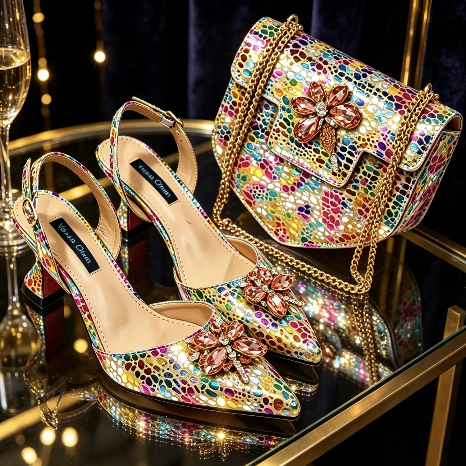 Venus Chan Elegant Rhinestone Heels & Matching Bag Set, Colorful Print Pointed Toe Block Heels for Banquet Club Night