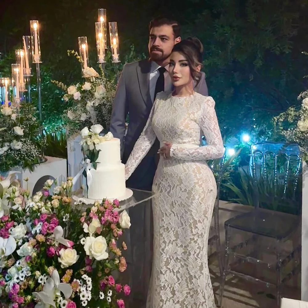 

Elegant Lace Wedding Dresses O-Neck Long Sleeves Mermaid Bride Dress for Women Arabic Bridal Gown Customized vestidos de novia