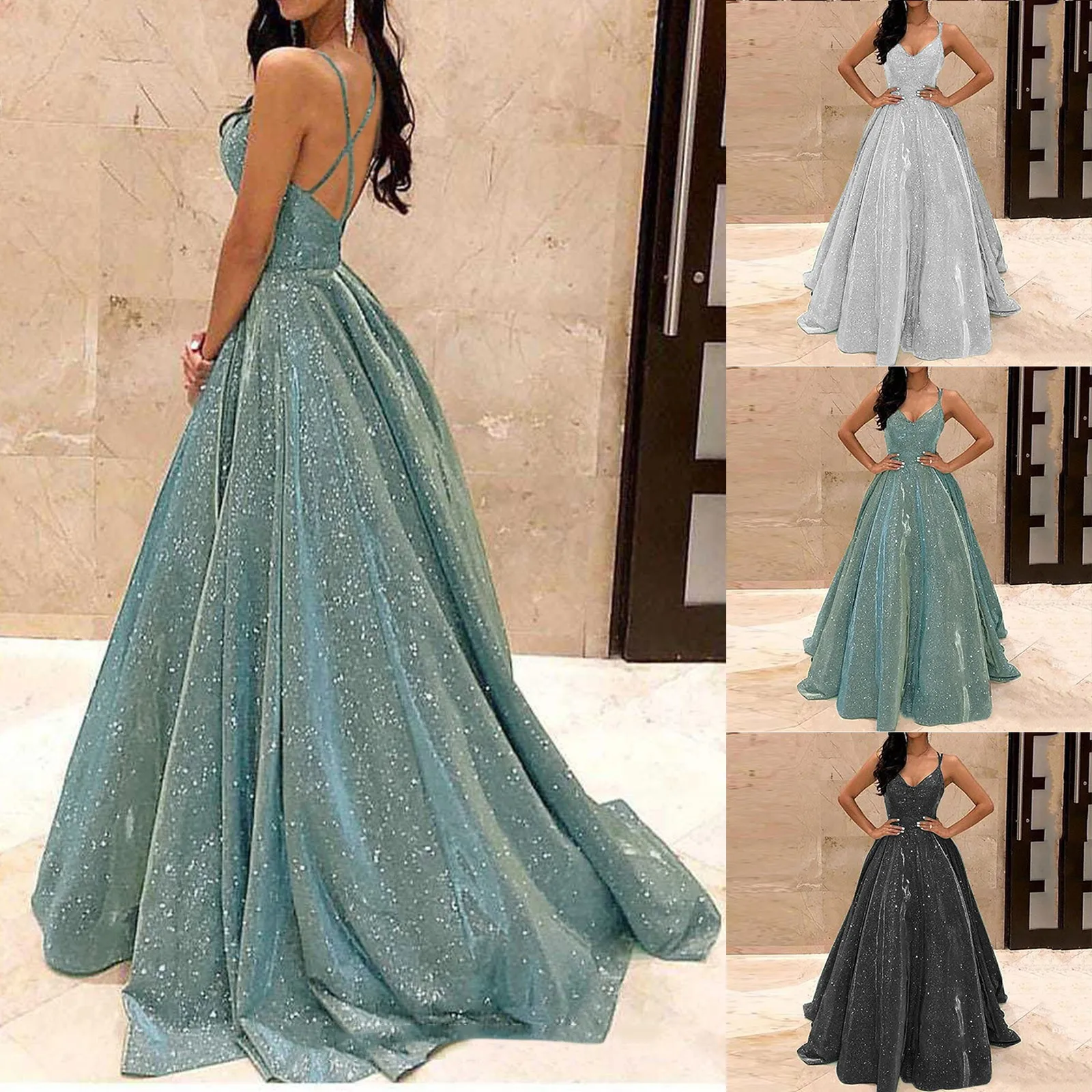 

Sexy Strap V Neck Halter Glossy Guest Graduation Celebrity Evening Floor Length Dress Elegant Luxurious Women Corset Party Dress