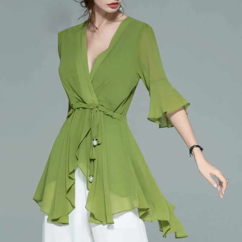 Office Lady Waist Drawstring Midi Shirt Elegant V-Neck Summer Casual Ruffles Irregular Stylish Half Sleeve Solid Color Blouse