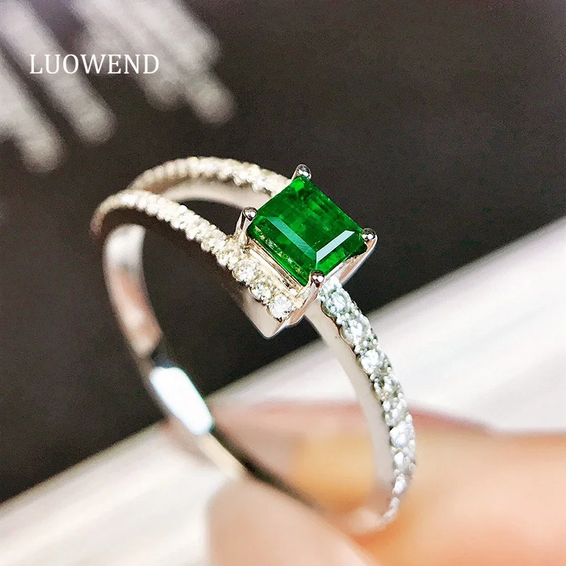 LUOWEND 100% 18K White Gold Rings Natural Diamond Natural Emerald Ring for Women Elegant Shiny Design High Party Jewelry