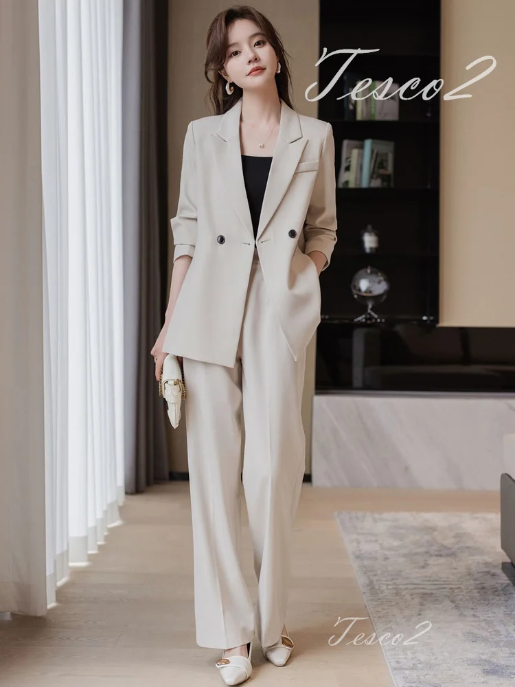 Tesco Solid Women\'s Elegant Suit Sets Notch Collar Blazer Wide Leg Pants 2 Piece Formal Pantsuit For Wedding Party Office Outfit