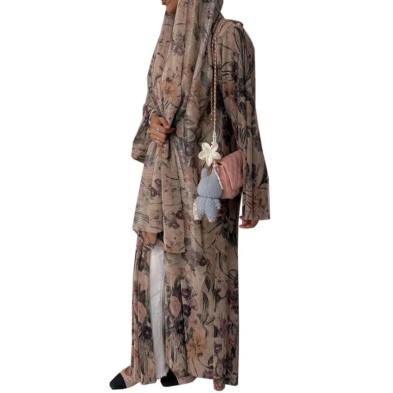 Modest Muslim Arabian Abaya Long Sleeve Pleated Abaya Printed Open Front Abaya Lightweight Floral Kimono Robe For Women Stylish