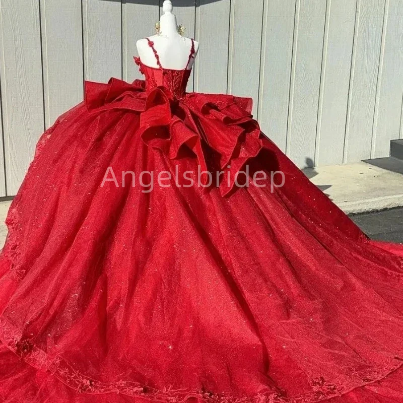 Angelsbridep-Vestido Quinceanera em camadas vermelhas, cintas de espaguete, apliques, vestido de baile luxuoso, vestido de noite, 2022