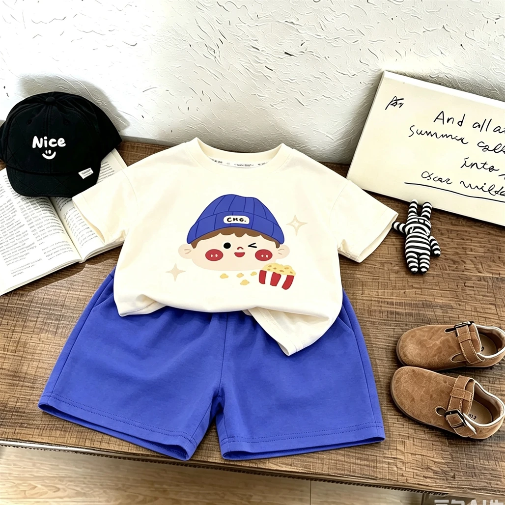 New Small Child Suits Cartoon T-shirt+Shorts Casual Loose Tees Simple Versatile Shorts Round Neck Pullover Solid Color Shorts