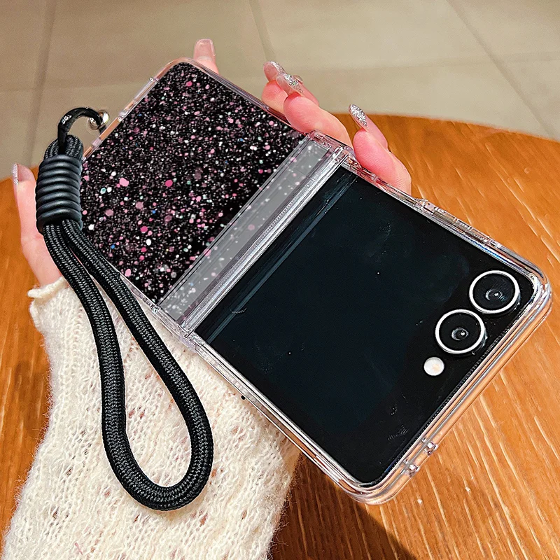 Cherry Blossom Lanyard Phone Case For Samsung Galaxy Z Flip 8 7 FE 6 5 4 3 5G Folding Hard Clear Cover For Samsung Z Flip7 Flip6