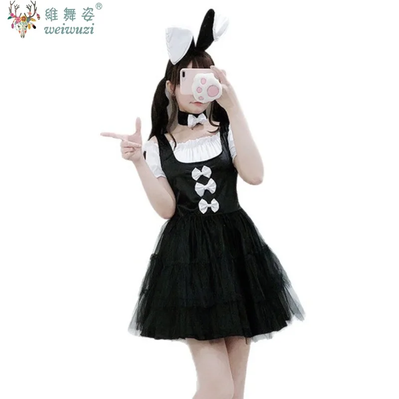 Anime Sweet Cute Lolita Dress Black Lace Bunny Dress Cosplay Costume Halloween Costume Party Club Carnival Fancy Outfit Sexy Bow
