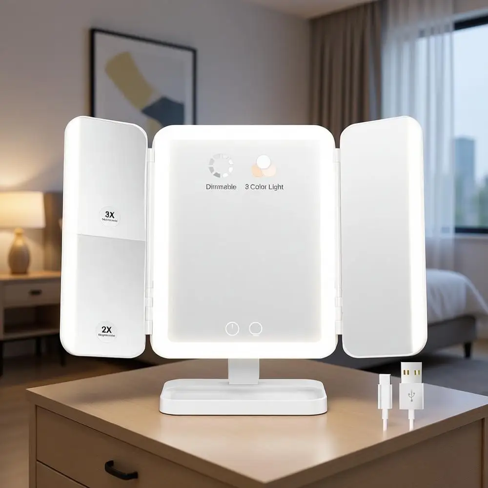 

Rechargeable LED Vanity Mirror with 116 Lights, 3X Magnification, 3-Color Options, 5000mAh Battery, Adjustable Brightness & Angl