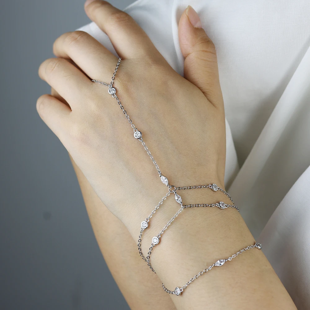 Multi Layer Link Chain Ring Bracelet For Women Paved Marquise Round Zircon Gold Silver Color Fashion Jewelry Party Gift Wedding