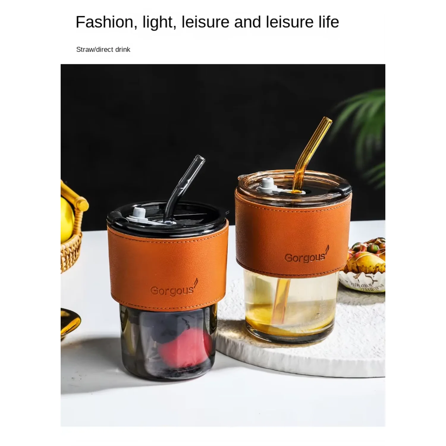 Reusable milk tea cup Coffee Glass Cup glass cup with lid and straw