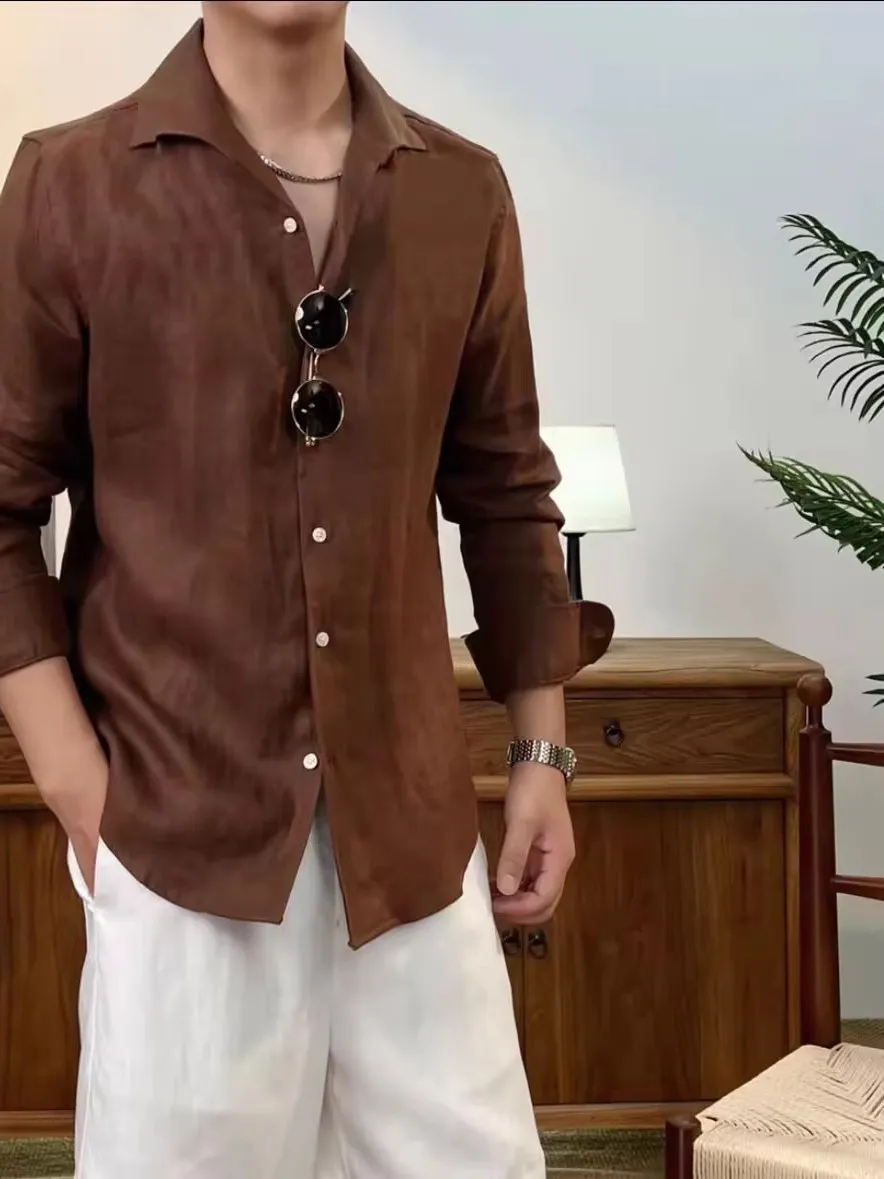 

New 2025 Men's Linen irt Long Sve Casual f Open Collar Comfortable Summer Loose Fit Single Collar Youth Stand Fit