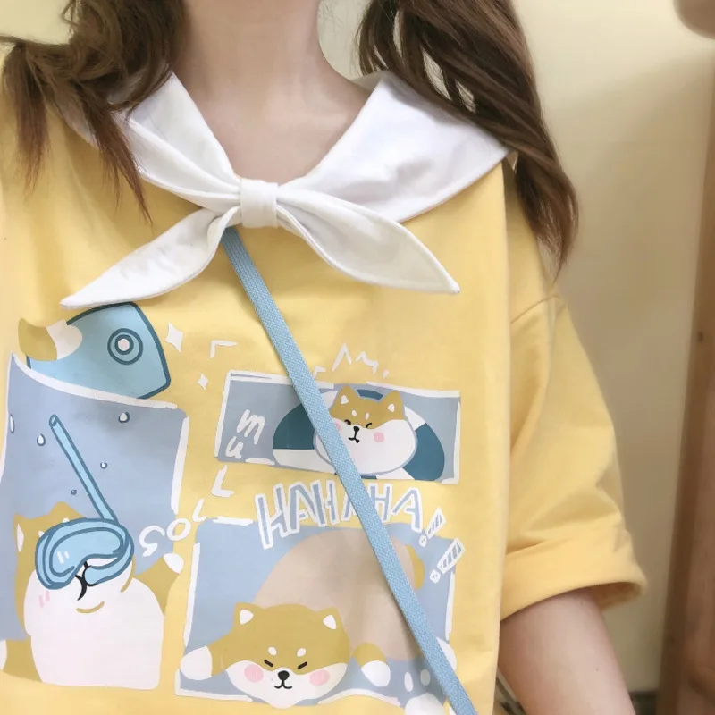 2024 Summer Women Sweet Lolita Short Sleeve T-shirt Cartoon Corgi Dog Print Sailor Collar Tie T Shirts JK Girls Kawaii Tee Shirt