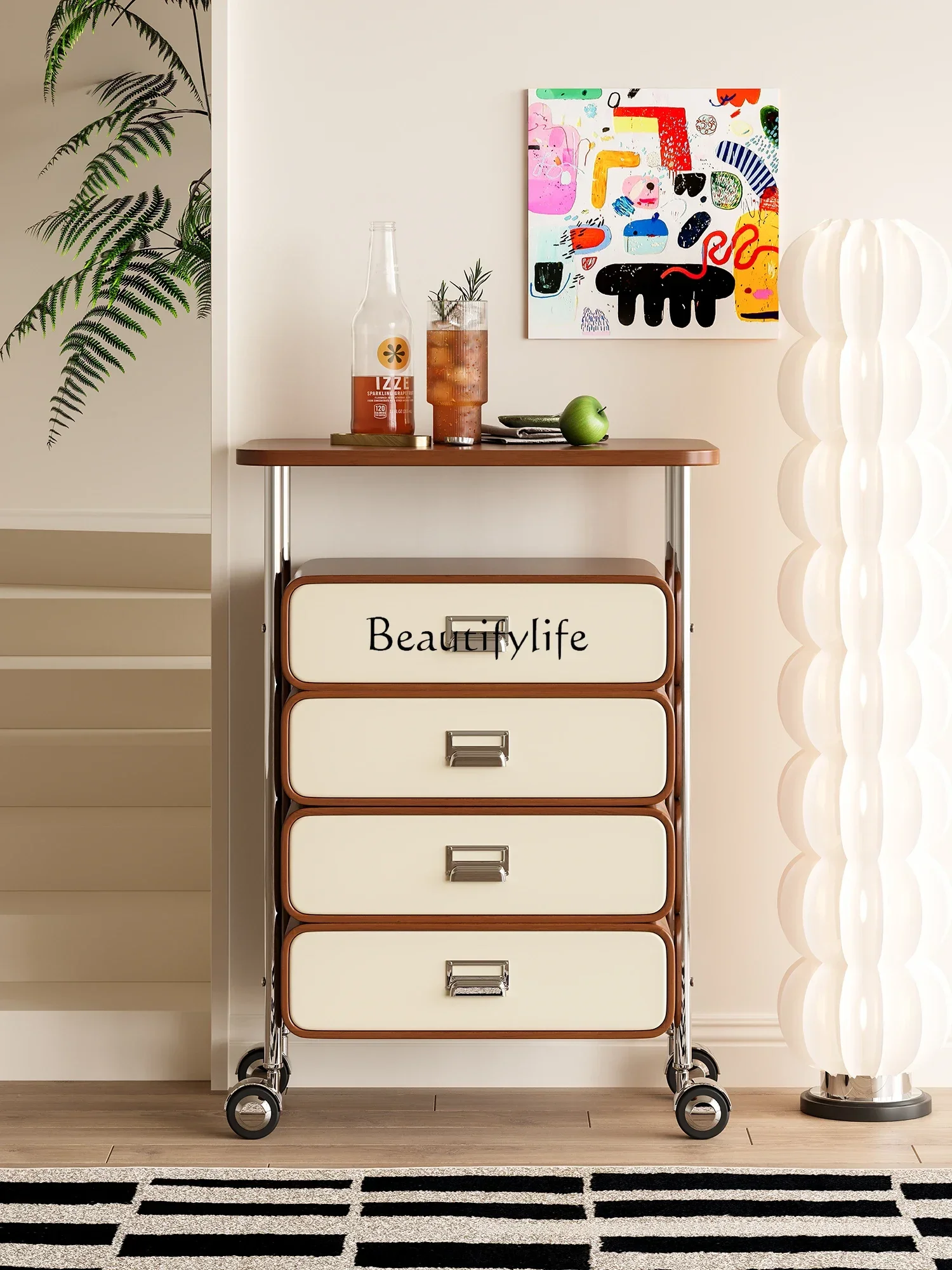 

01Simple Modern Home Living Room Bedroom Wall Storage Cabinet with Wheels Movable Cabinet