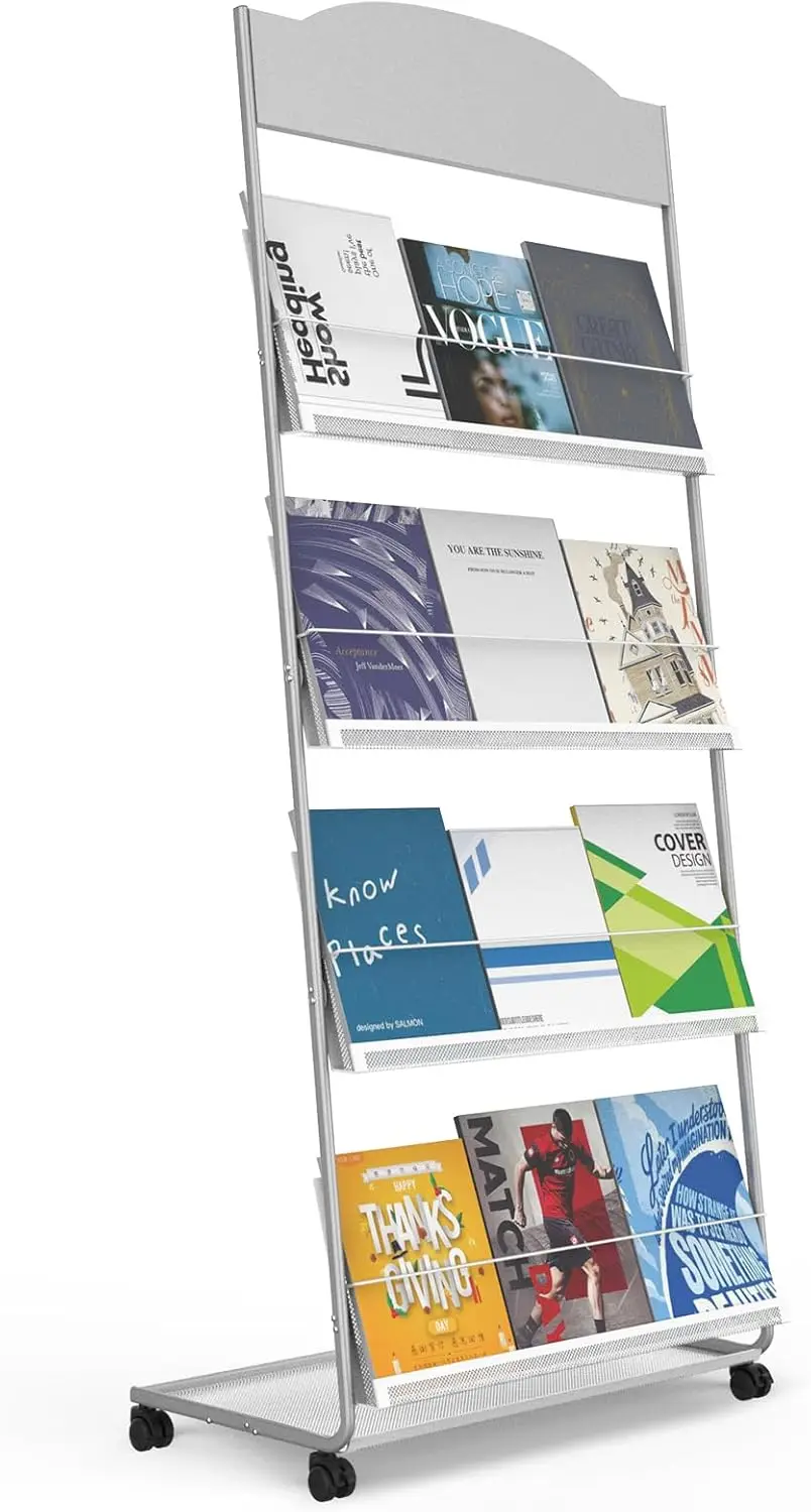 Floor-Standing Magazine Rack 4-Layer with Wheels, Semi-arched top Brochure Display Stand, High-hardness metal for Exhibi