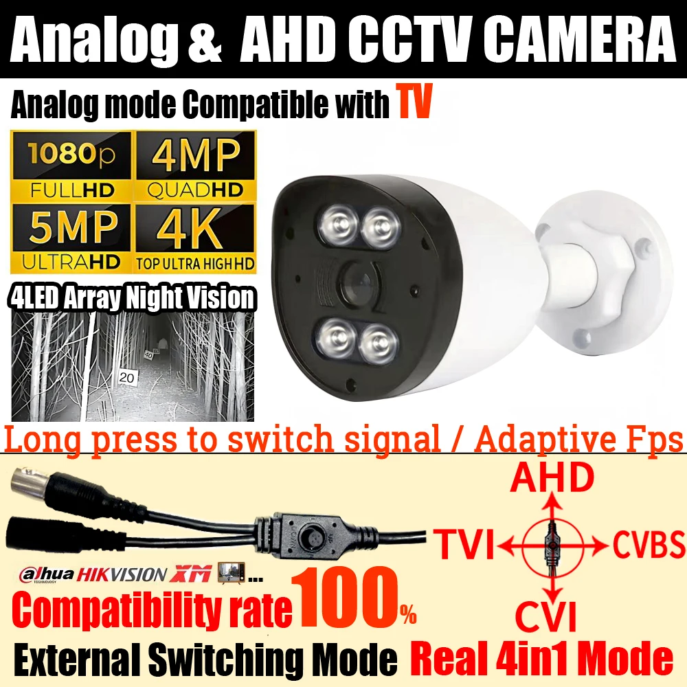 

ALL DVR Compatibility 5000TVL 8MP/4MP/5MP/2MP Ultra AHD Camera TVI/CVI/CVBS 4in1 OSD HD 4LED Security IP66 Outdoor Have Bracket