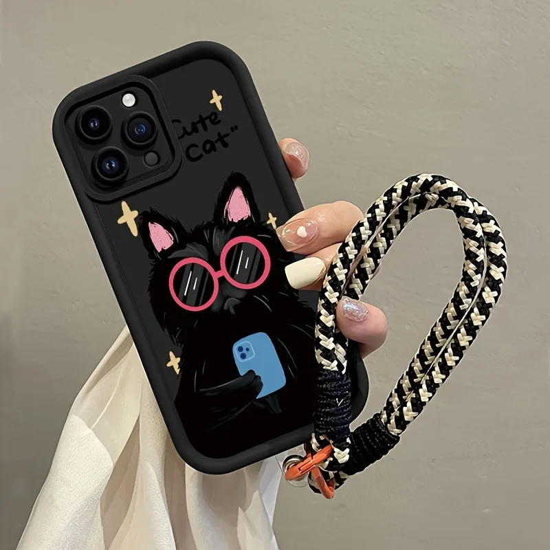 Schwarze Handyhülle mit coolem Katzenmuster und Tragegurt für iPhone 15 16 17 Pro Max 14 13 12 11 Pro XS Plus, stoßfest, matt, aus Silikon. – Detail 2