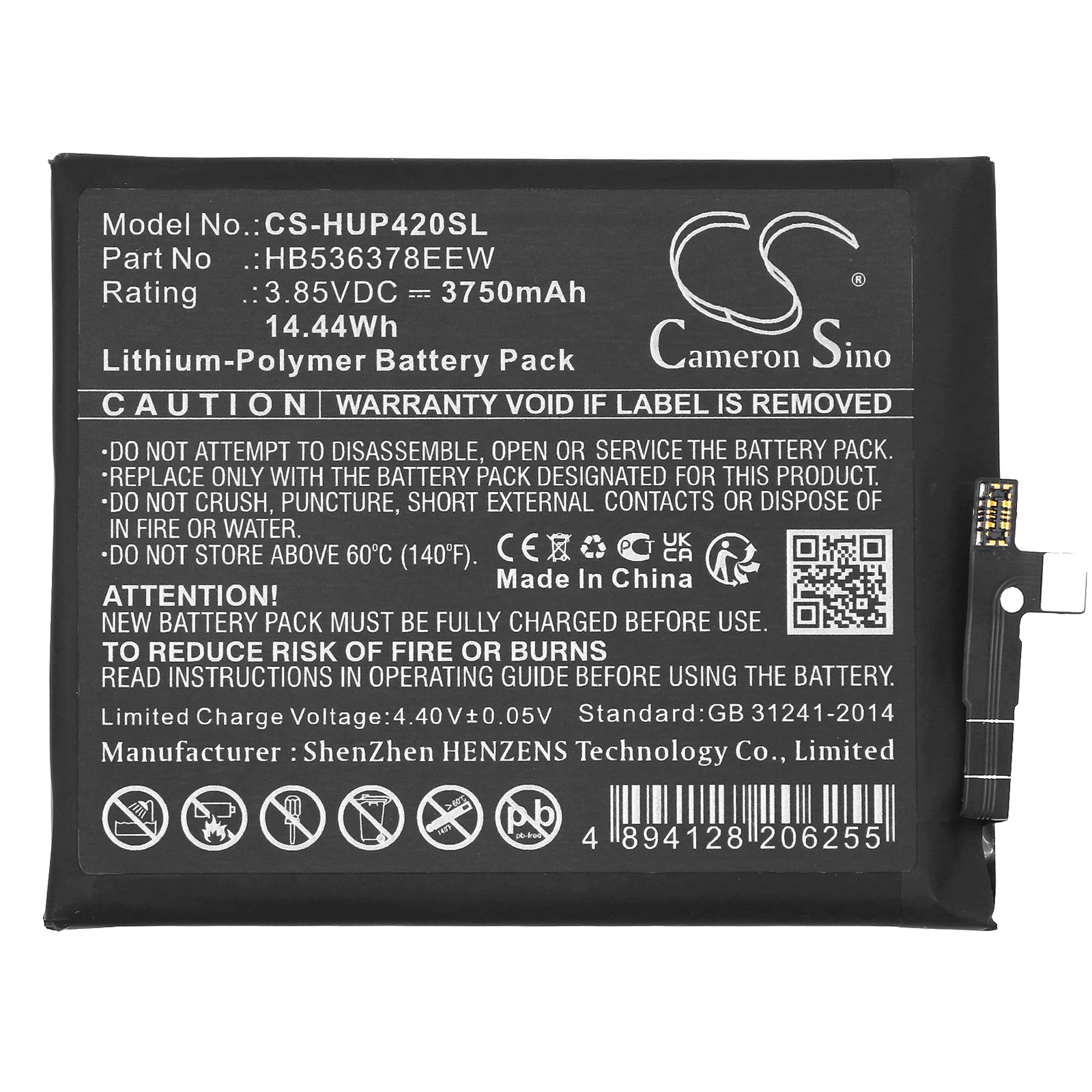 

3750mAh 3.85V 14.44Wh Mobile, SmartPhone Li-Polymer Battery for Huawei HB536378EEW P40 Pro ELS-N09 ELS-NX9