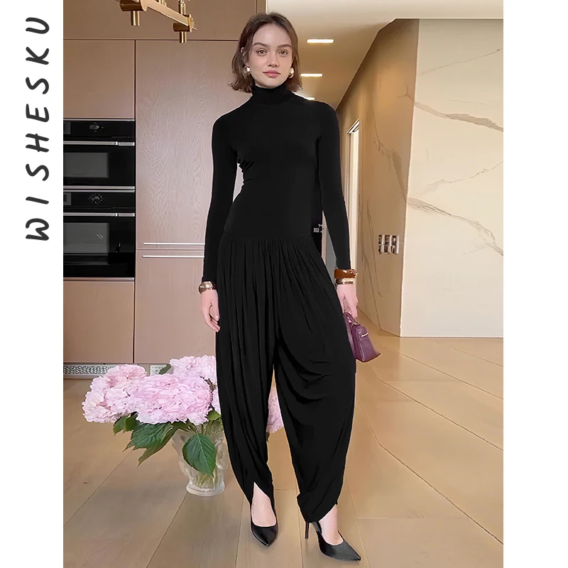 

Women Turtleneck Long Sleeve Jumpsuits Black Punk Wide Leg Pants One Piece Rompers 2025 Fall Punk Grunge Y2K Clothes