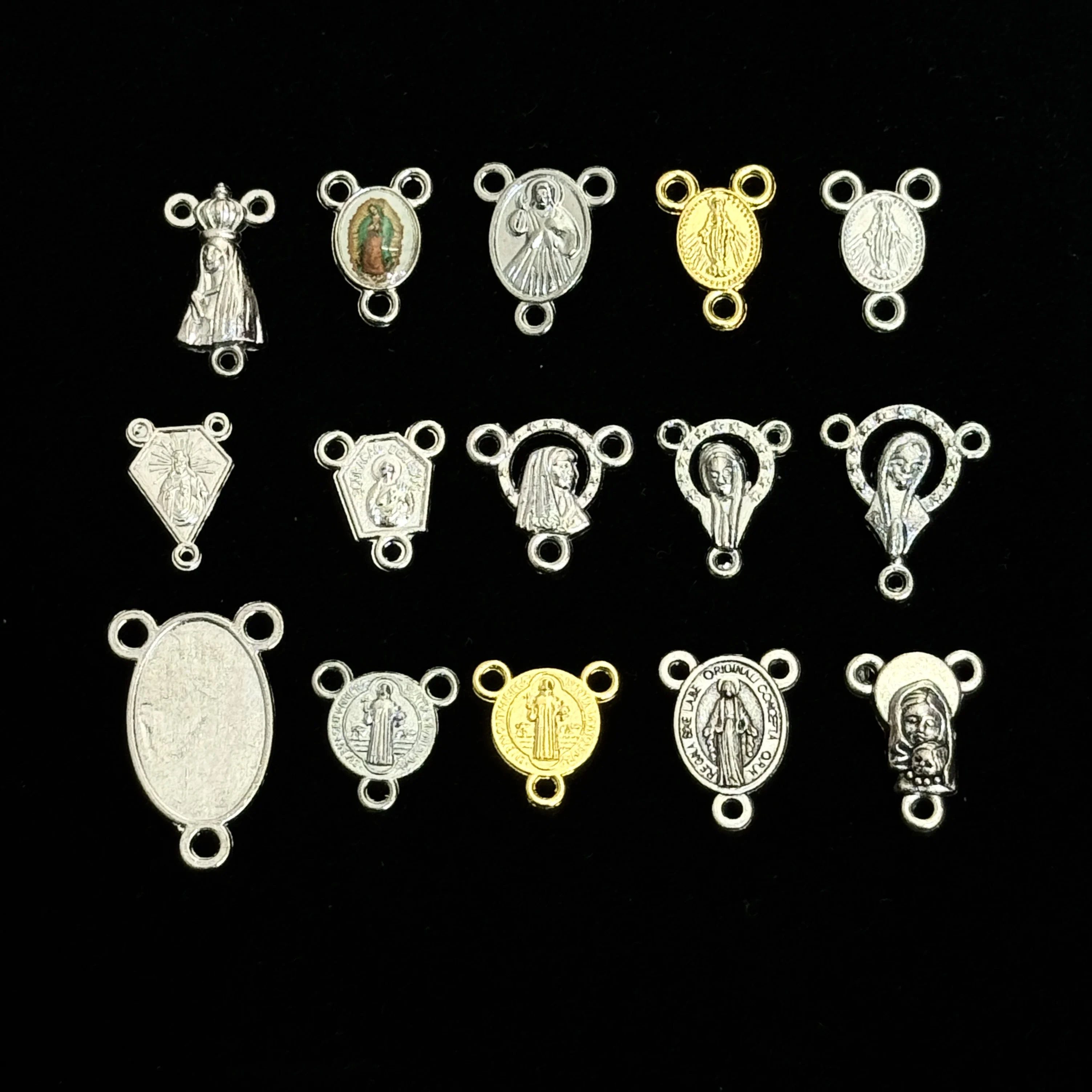 10Pcs 3-Hole Catholic Rosary Centerpiece Connectors Virgin Mary St Benedict Medal Charms for DIY Jewelry