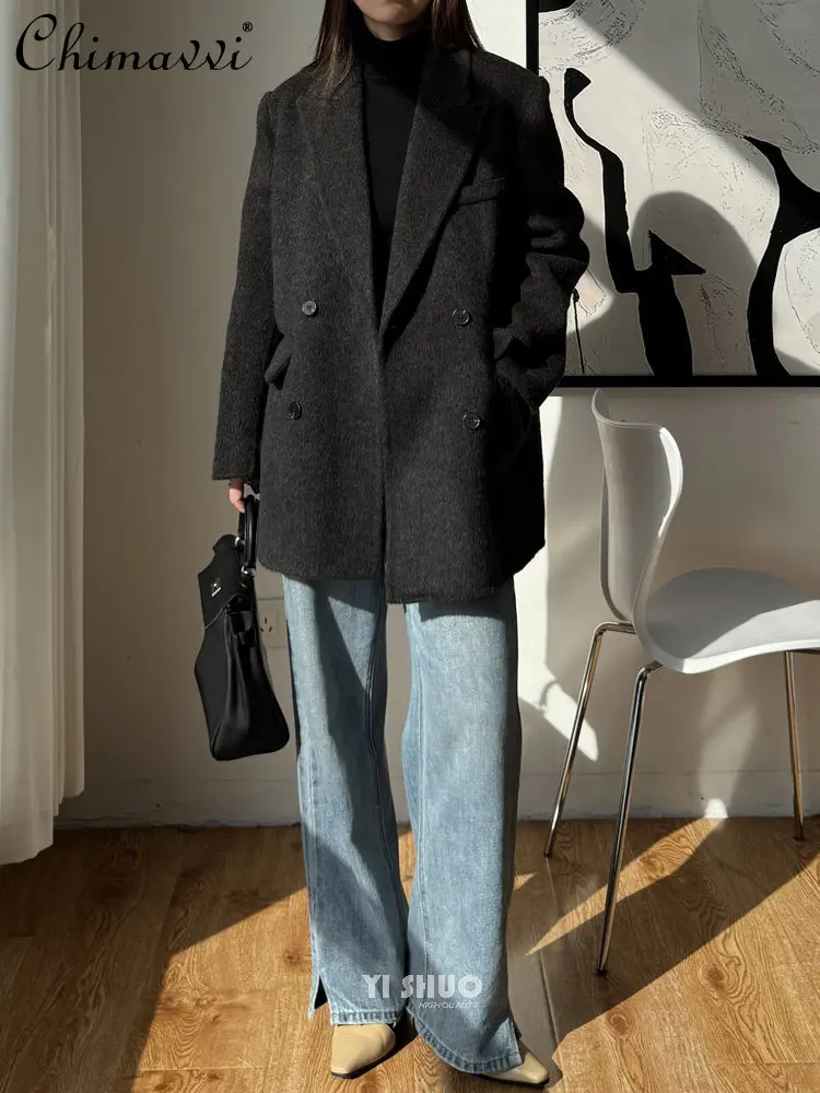 Winter New High-End Right Shoulder Blazer Fashion Coffee Color Thick Warm Double-Sided Wool Coat Short OL Gray Woolen Coat Women