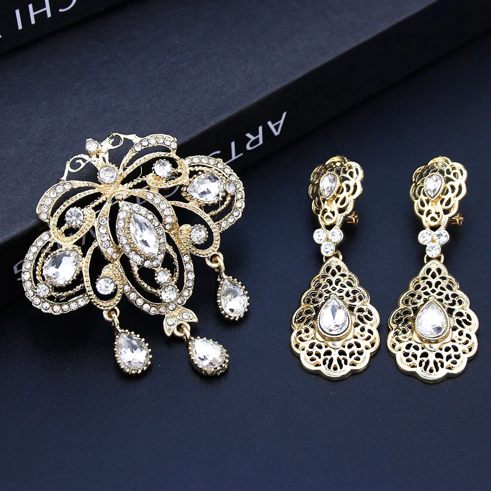Sunspicems Gold Color Morocco Jewelry Bride Brooch Earring Sets Red Green Crystal Algeria Wedding Jewelry Sets Arab Hijab Pins