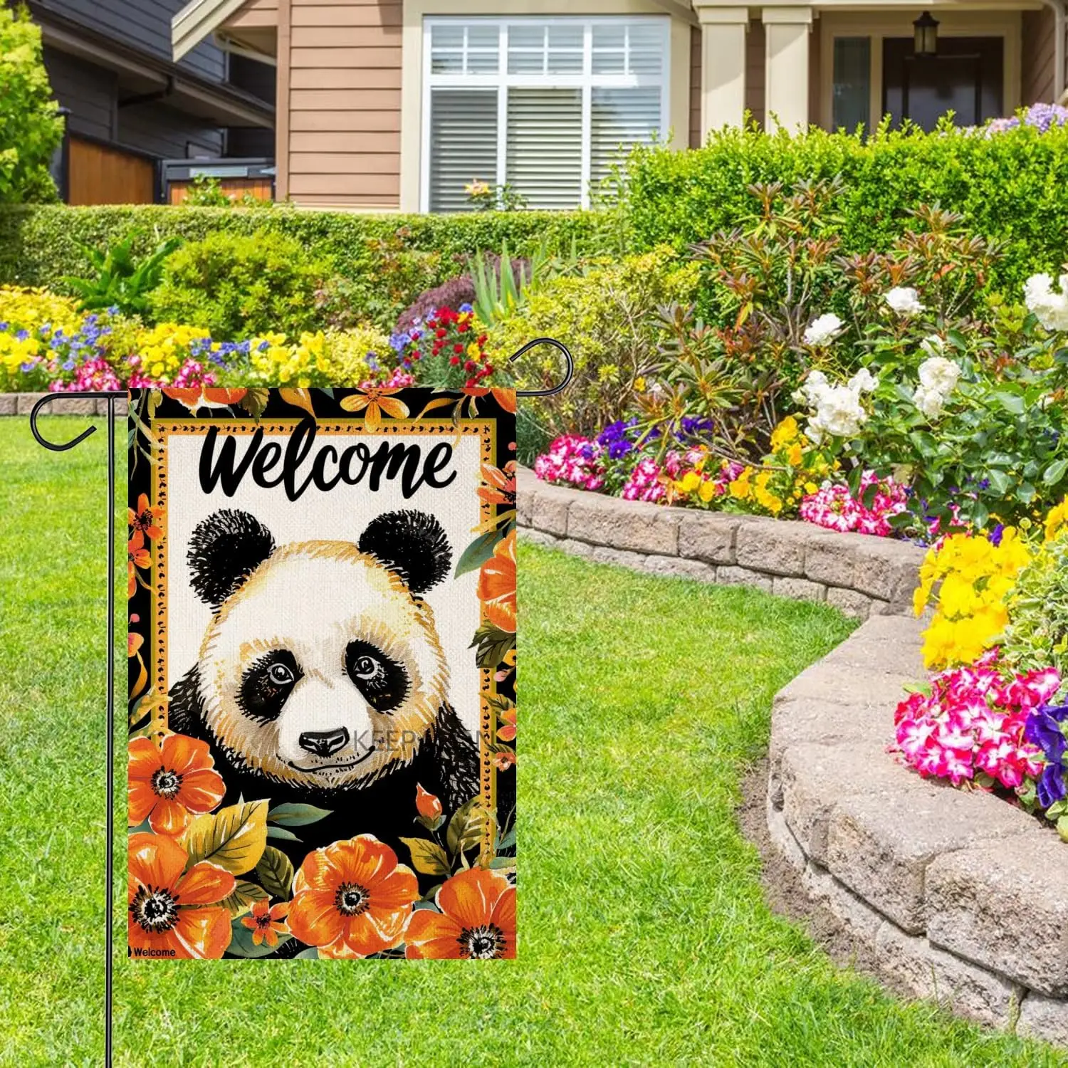 Welcome Panda Garden Flag Flower and Funny Colorful Flag Outdoor Seasonal Flags 12x18 In Double Sided House Flag Pet Flag Holida