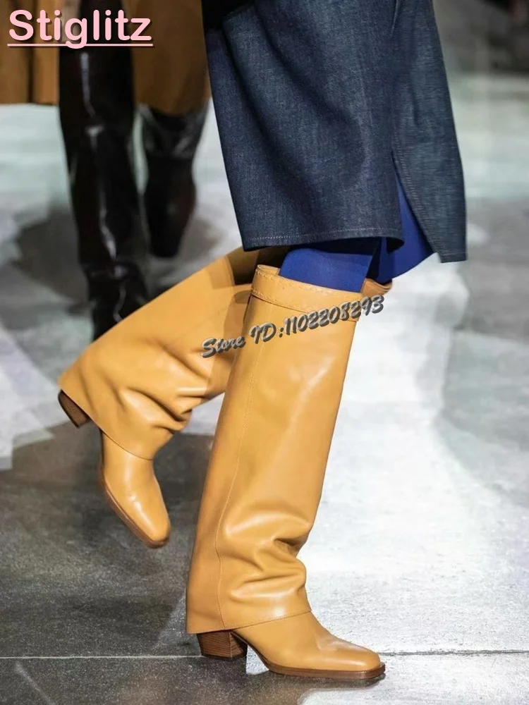 

Retro Sewing Knee-high Boots Light Brown Square Toe Chunky Heel Slip-on Straight Boots 2025 Winter Women New Casual Modern Shoes