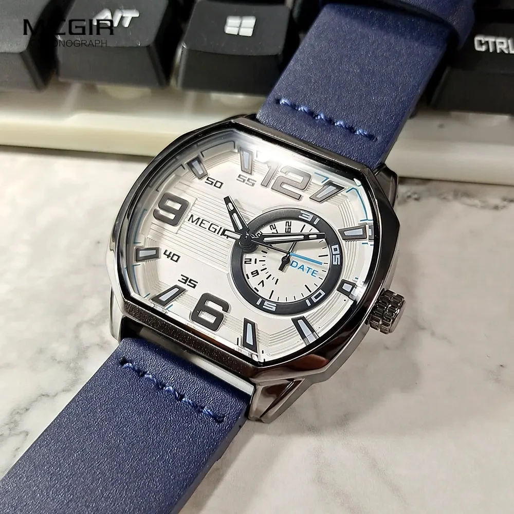 MEGIR-Montre Octogone en Cuir group pour Homme, Grand Cadran, dehors, Étanche, Shoous, Calendrier, Décontracté, Montres-Bracelets, Nouvelle Mode, 2201