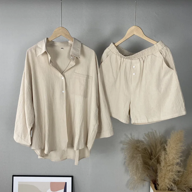 

2026 Lapel Single-breasted Pocket Long-sleeved Shirt Elastic Waist Shorts 2-piece Set Women's Spring Summer Versatile Resort Set