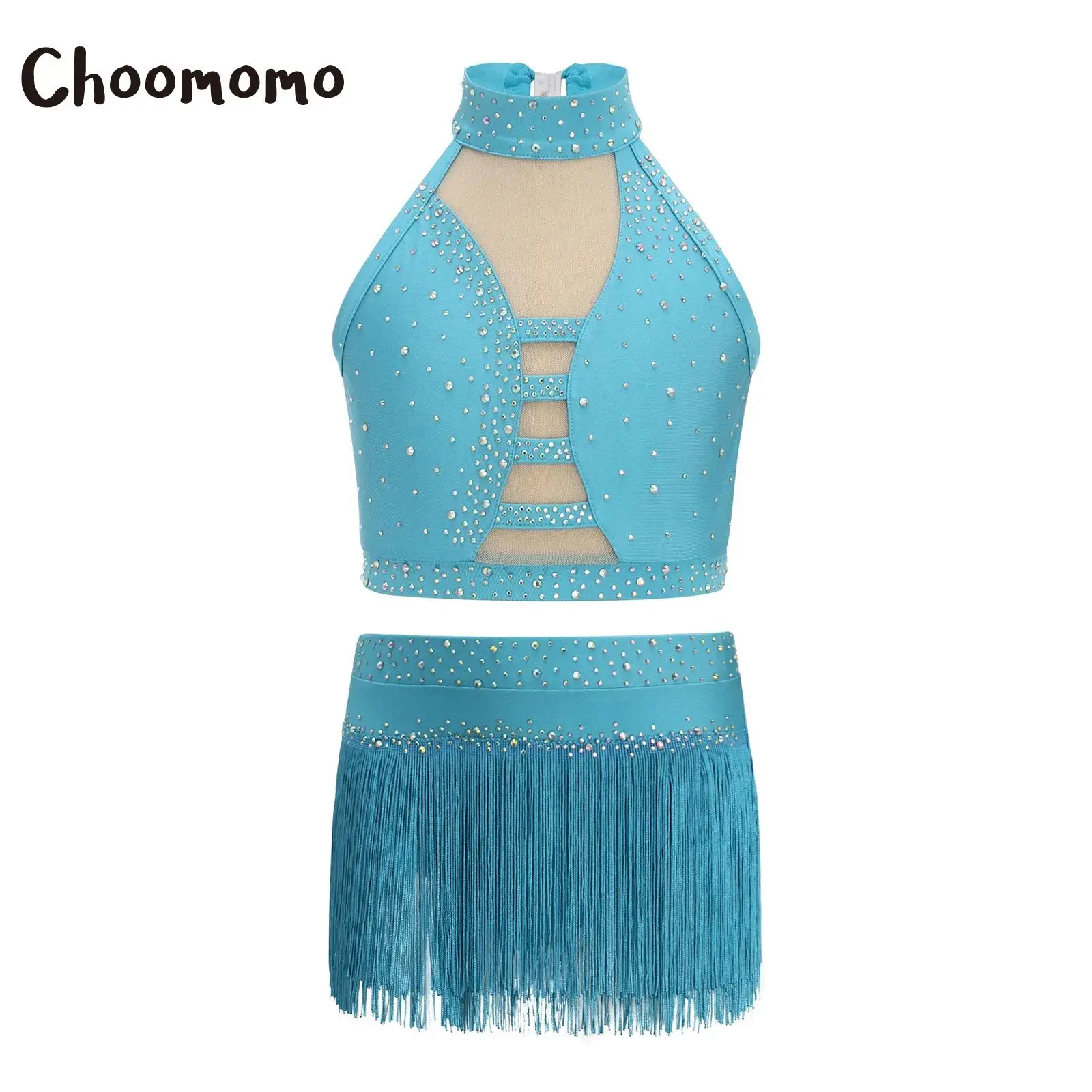 Kids Girls Tassel Latin Dance Costume Halter Sleeveless Mesh Rhinestones Crop Top and Briefs Skirt for Tango Cha-cha Samba dance