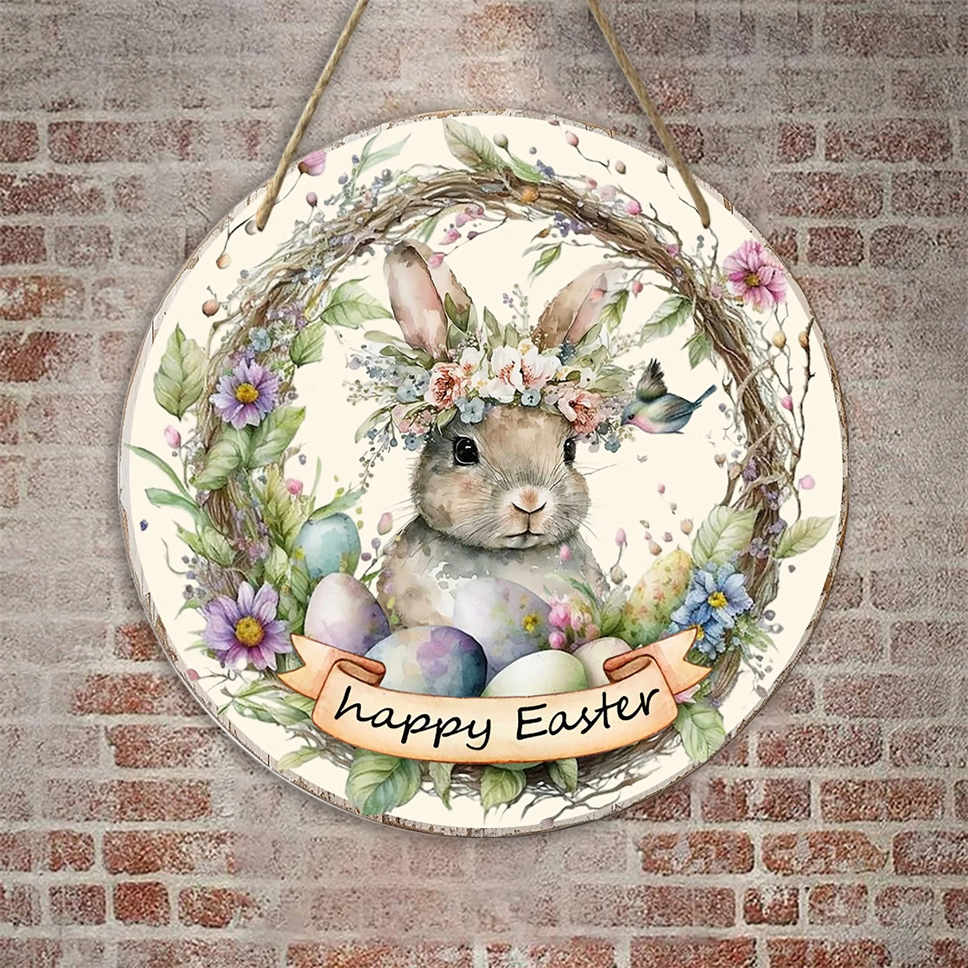 Easter Round Wall Decoration Pendant, Woodcut, Bunny, Egg, Cartoon, Atmosphere Decoration Supplies, Scene Layout, New