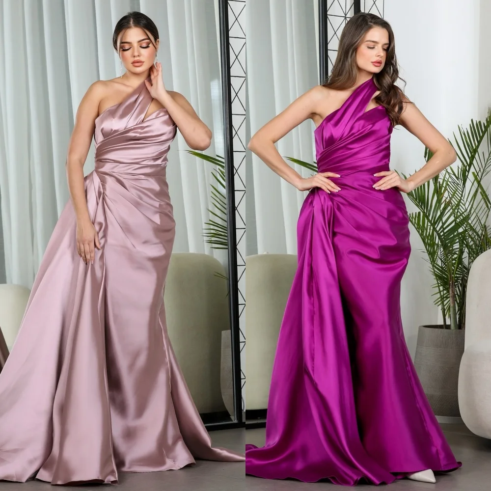 

Customized Matching Fashion Pleat Ruched Draped A-line One-shoulder Long Dresses Bespoke Occasion Dresses Matching Formal Simple