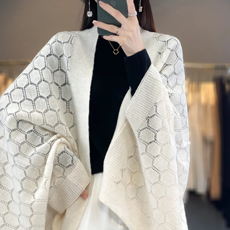 TLOML Early Spring New Women's 100% Merino Wool Sphere Shape Hollow-out Scarf Shawl Casual Cashmere Knitted Soft Warm Scarf Tops